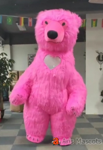 Giant Inflatable Pink Bear Costume with Heart Shape Vision Window Adult Full Body Walking Mascot Suit