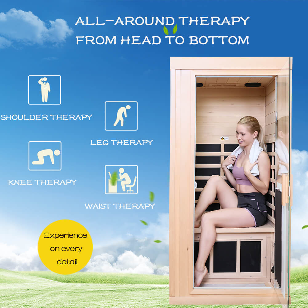 Xmatch Far Infrared Wooden Sauna Room, 1-Person Size, with 1350W, 8 Low EMF Heaters, 10 Minutes Pre-Warm up, Time and Temp Pre-Set, 2 Wireless Speaker