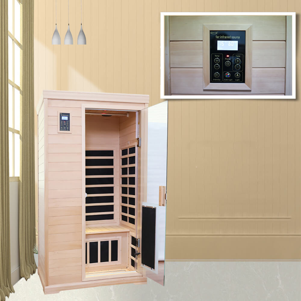 Xmatch Far Infrared Wooden Sauna Room, 2-Person Size, with 1750W, 9 Low EMF Heaters, 10 Minutes Pre-Warm up, Time and Temp Pre-Set, 2 Wireless Speaker