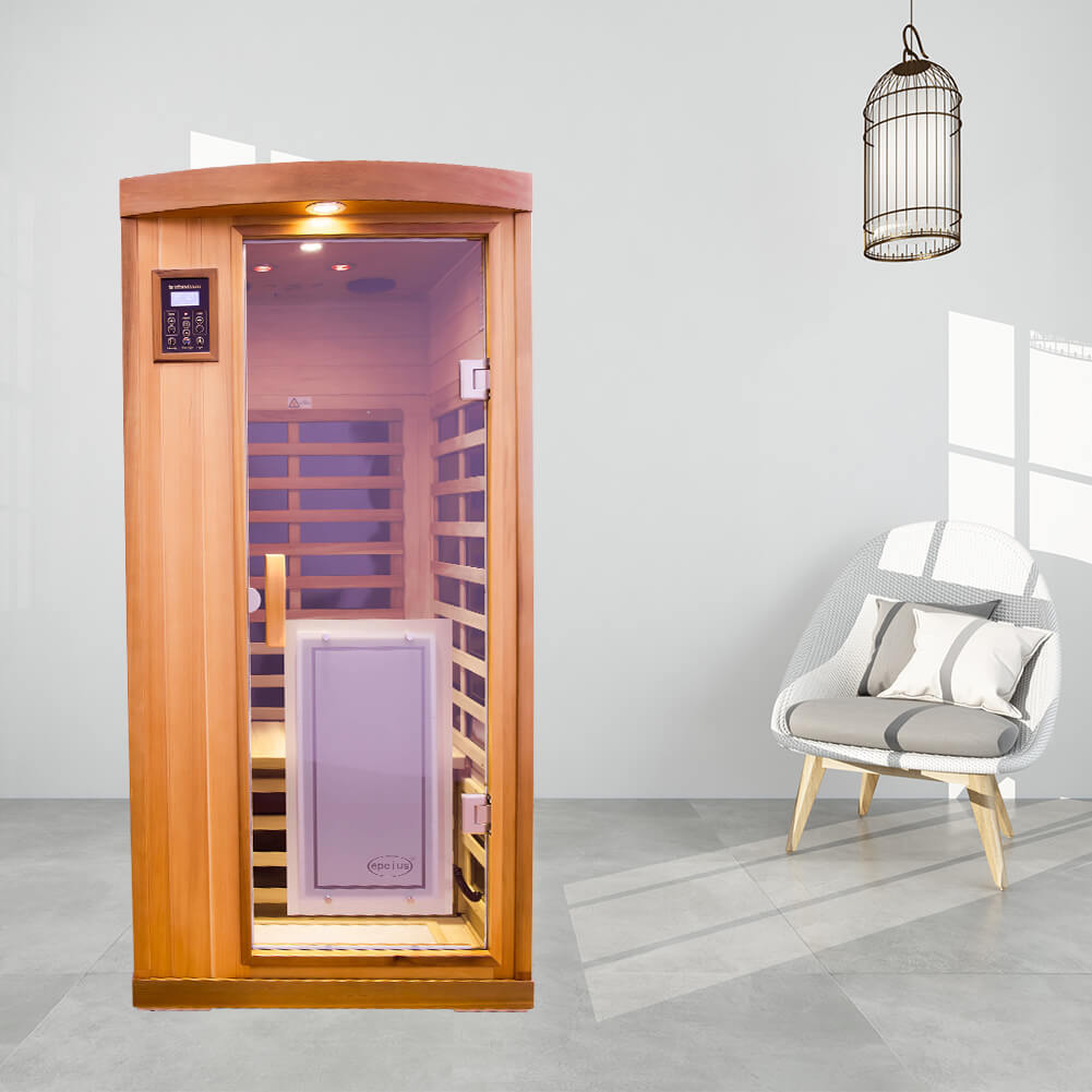 Xmatch Far Infrared Wooden Sauna Room, 1-Person Size, with 1510W, 8 Low EMF Heaters, 10 Minutes Pre-Warm up, Time and Temp Pre-Set, 2 Wireless Speaker