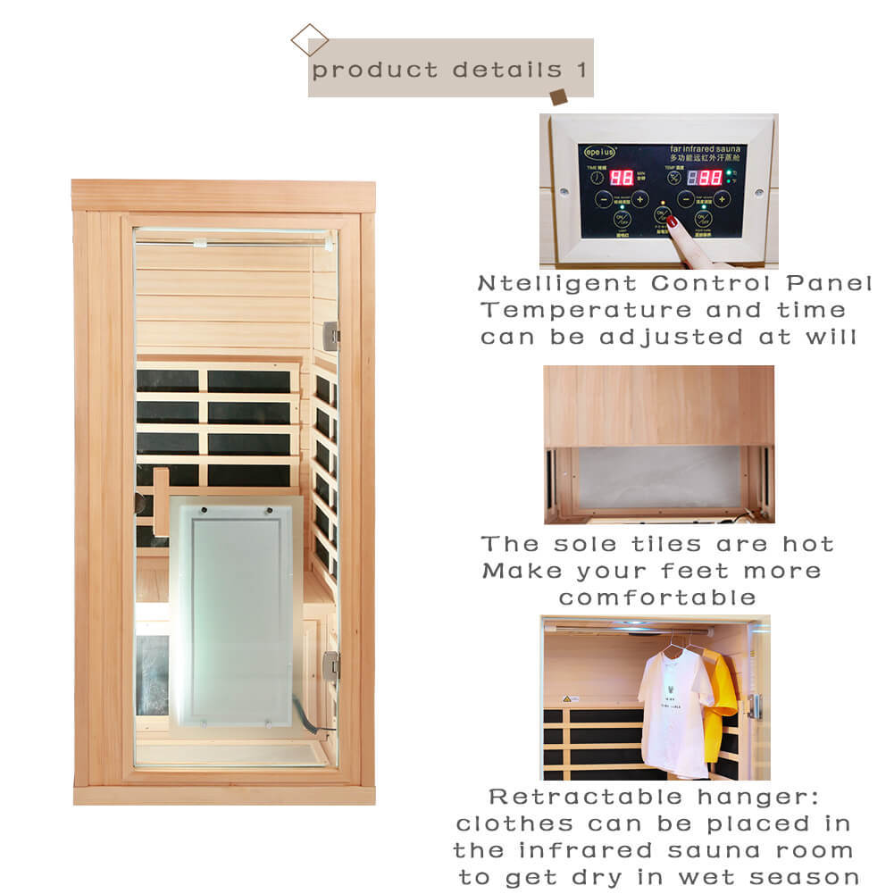Xmatch Far Infrared Wooden Sauna Room, 1-Person Size, with 1350W, 8 Low EMF Heaters, 10 Minutes Pre-Warm up, Time and Temp Pre-Set, 2 Wireless Speaker
