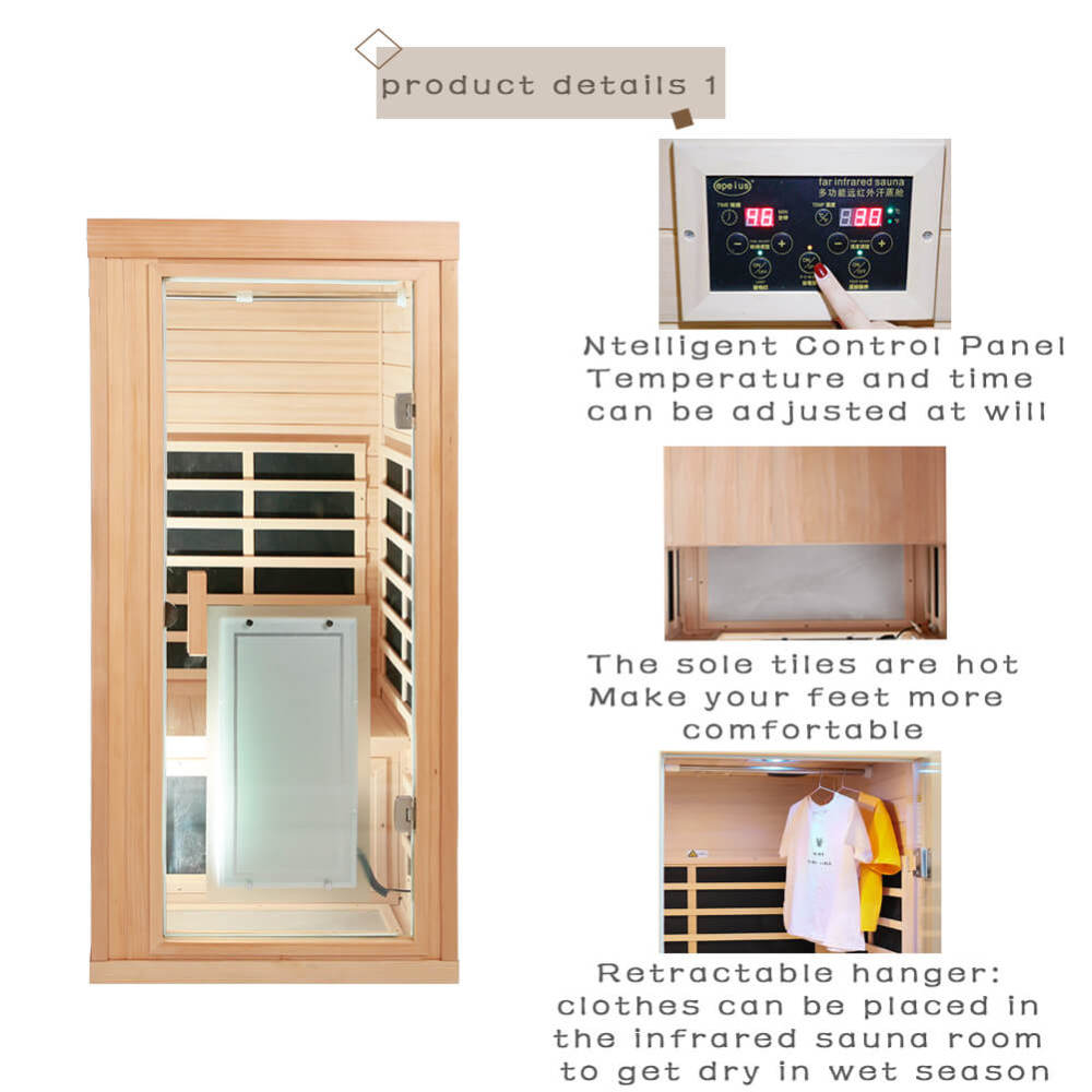 Xmatch Far Infrared Wooden Sauna Room, 1-Person Size, with 1350W, 8 Low EMF Heaters, 10 Minutes Pre-Warm up, Time and Temp Pre-Set, 2 Wireless Speaker