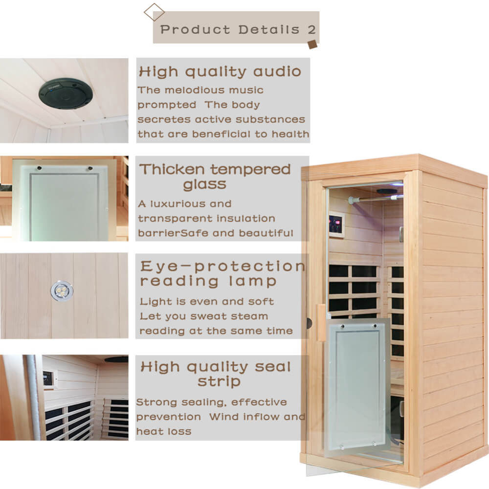 Xmatch Far Infrared Wooden Sauna Room, 1-Person Size, with 1350W, 8 Low EMF Heaters, 10 Minutes Pre-Warm up, Time and Temp Pre-Set, 2 Wireless Speaker