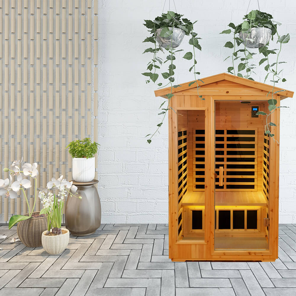 Xmatch Far Infrared Wooden Outdoor Sauna, 2-Person Size 1750W, 9 Low EMF Heaters, 10 Minutes Pre-Warm up, Time and Temp Pre-Set, 2 Wireless Speakers,