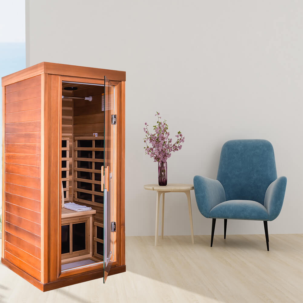 Xmatch Far Infrared Wooden Sauna Room, 1-Person Size, with 1350W, 8 Low EMF Heaters, 10 Minutes Pre-Warm up, Time and Temp Pre-Set, 2 Wireless Speaker