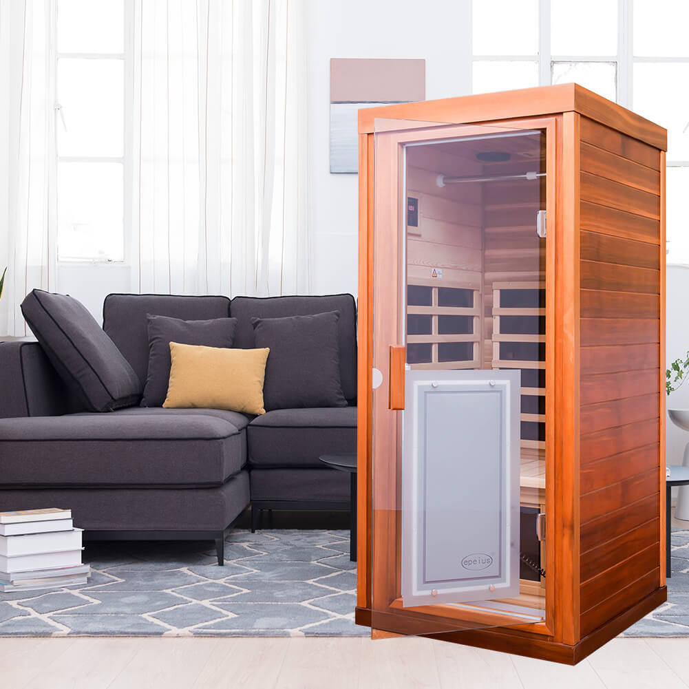 Xmatch Far Infrared Wooden Sauna Room, 1-Person Size, with 1350W, 8 Low EMF Heaters, 10 Minutes Pre-Warm up, Time and Temp Pre-Set, 2 Wireless Speaker