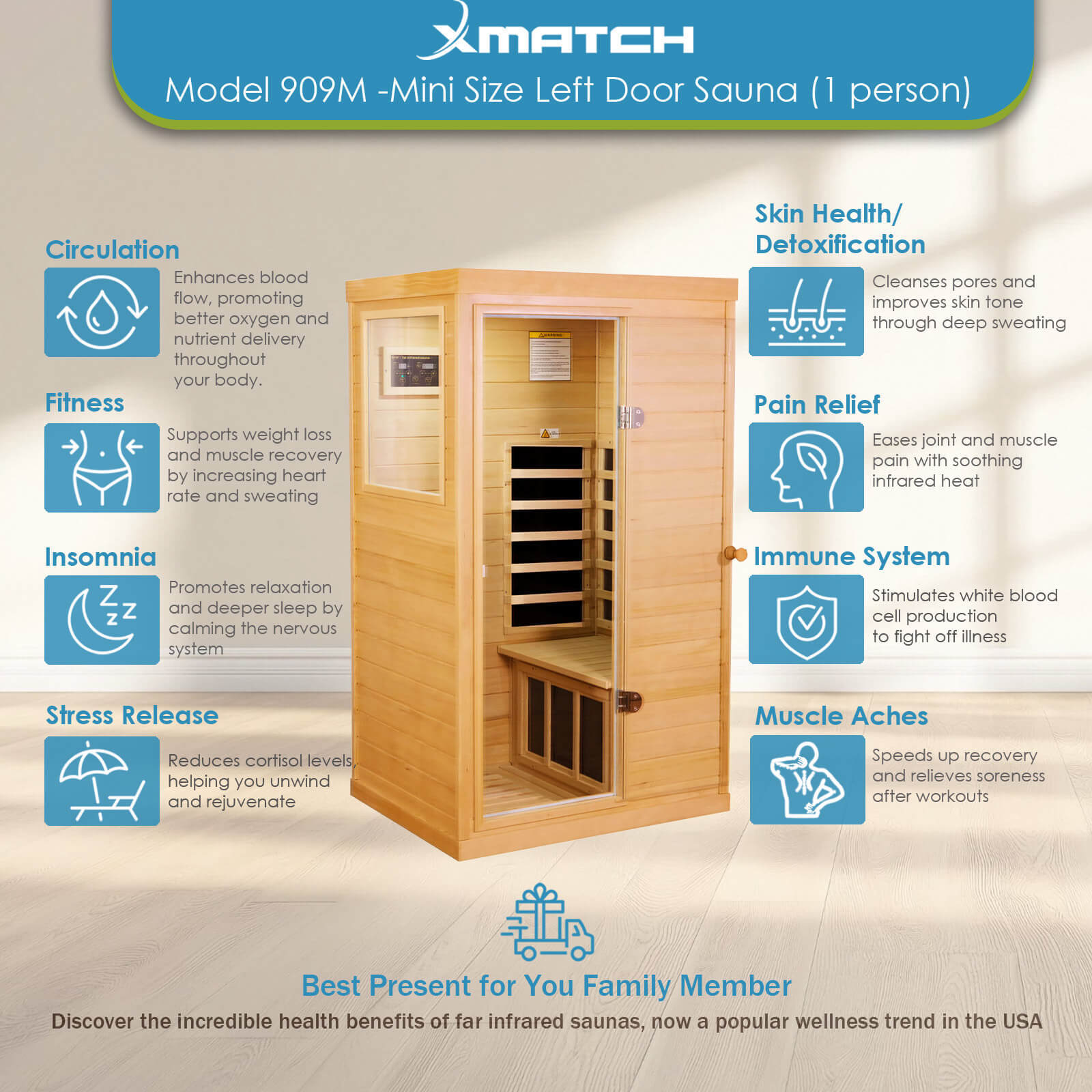 Xmatch Saunas 909Mini Far Infrared Sauna, Indoor Dry Sauna (Hemlock Wood, 1 Person Mini Size Left Door)