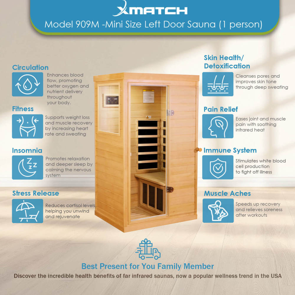 Xmatch Saunas 909Mini Far Infrared Sauna, Indoor Dry Sauna (Hemlock Wood, 1 Person Mini Size Left Door)