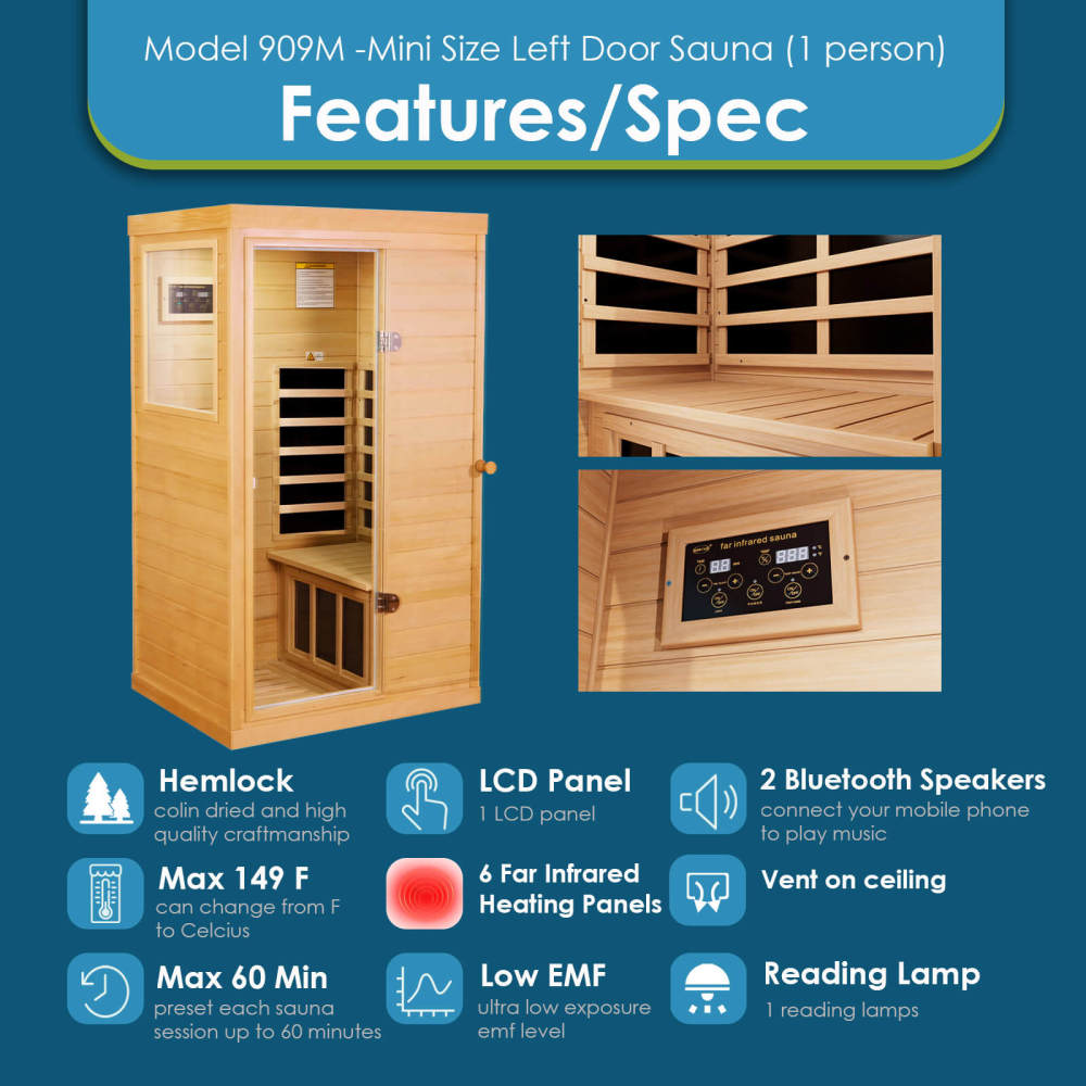 Xmatch Saunas 909Mini Far Infrared Sauna, Indoor Dry Sauna (Hemlock Wood, 1 Person Mini Size Left Door)