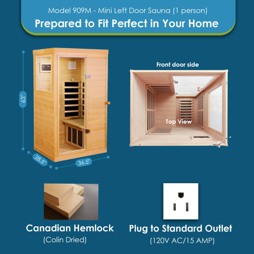 Xmatch Saunas 909Mini Far Infrared Sauna, Indoor Dry Sauna (Hemlock Wood, 1 Person Mini Size Left Door)