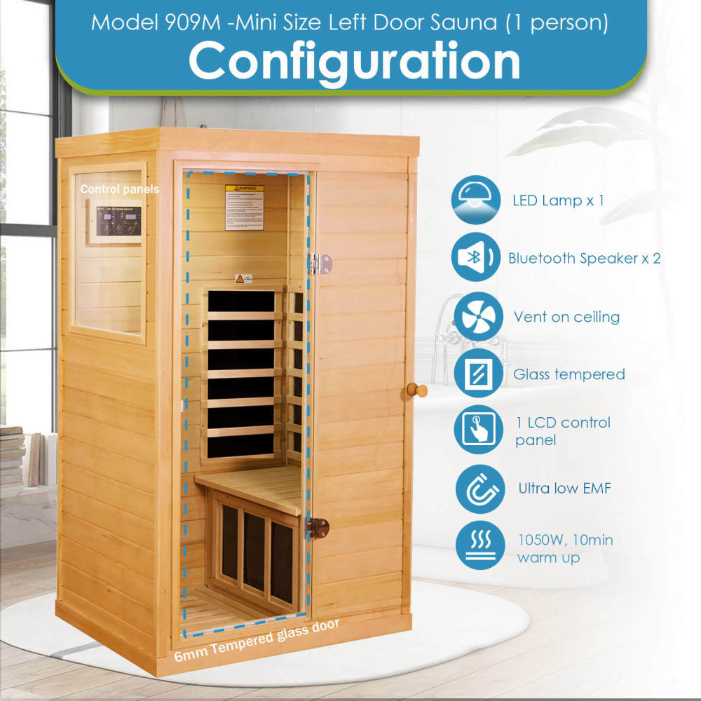 Xmatch Saunas 909Mini Far Infrared Sauna, Indoor Dry Sauna (Hemlock Wood, 1 Person Mini Size Left Door)