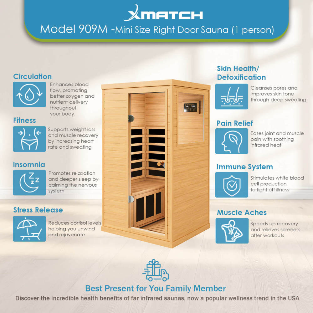 Xmatch Saunas 909Mini Far Infrared Sauna, Indoor Dry Sauna (Hemlock Wood, 1 Person Mini Size Right Door)