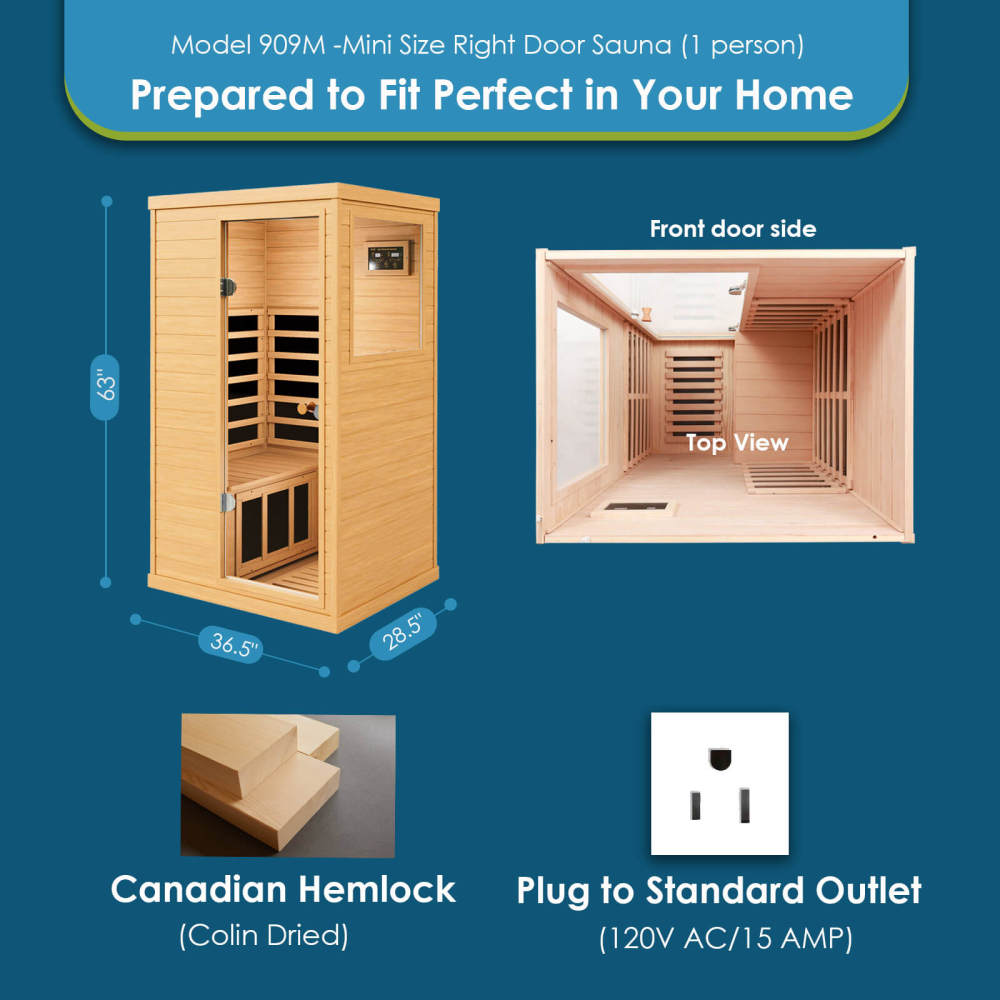 Xmatch Saunas 909Mini Far Infrared Sauna, Indoor Dry Sauna (Hemlock Wood, 1 Person Mini Size Right Door)