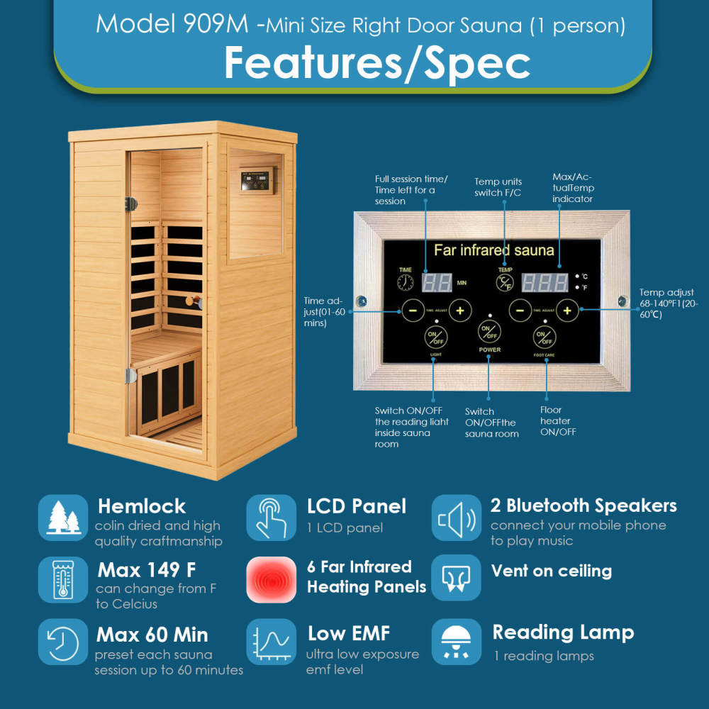 Xmatch Saunas 909Mini Far Infrared Sauna, Indoor Dry Sauna (Hemlock Wood, 1 Person Mini Size Right Door)