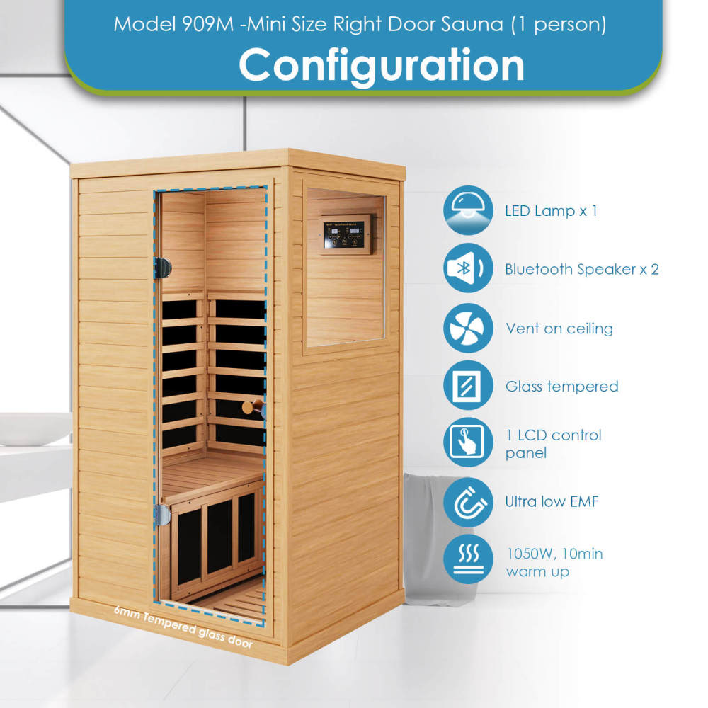 Xmatch Saunas 909Mini Far Infrared Sauna, Indoor Dry Sauna (Hemlock Wood, 1 Person Mini Size Right Door)