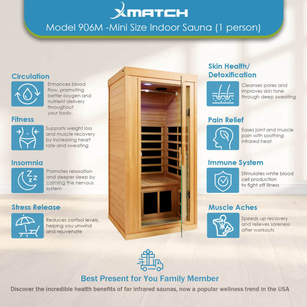 Xmatch Saunas 906Mini Far Infrared Sauna, Indoor Wooden Dry Sauna (Hemlock Wood, 1 Person Mini Size 360 Envolved)