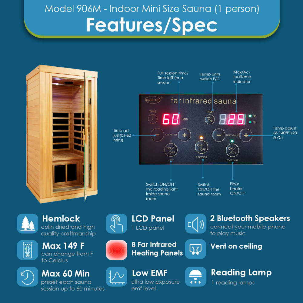 Xmatch Saunas 906Mini Far Infrared Sauna, Indoor Wooden Dry Sauna (Hemlock Wood, 1 Person Mini Size 360 Envolved)