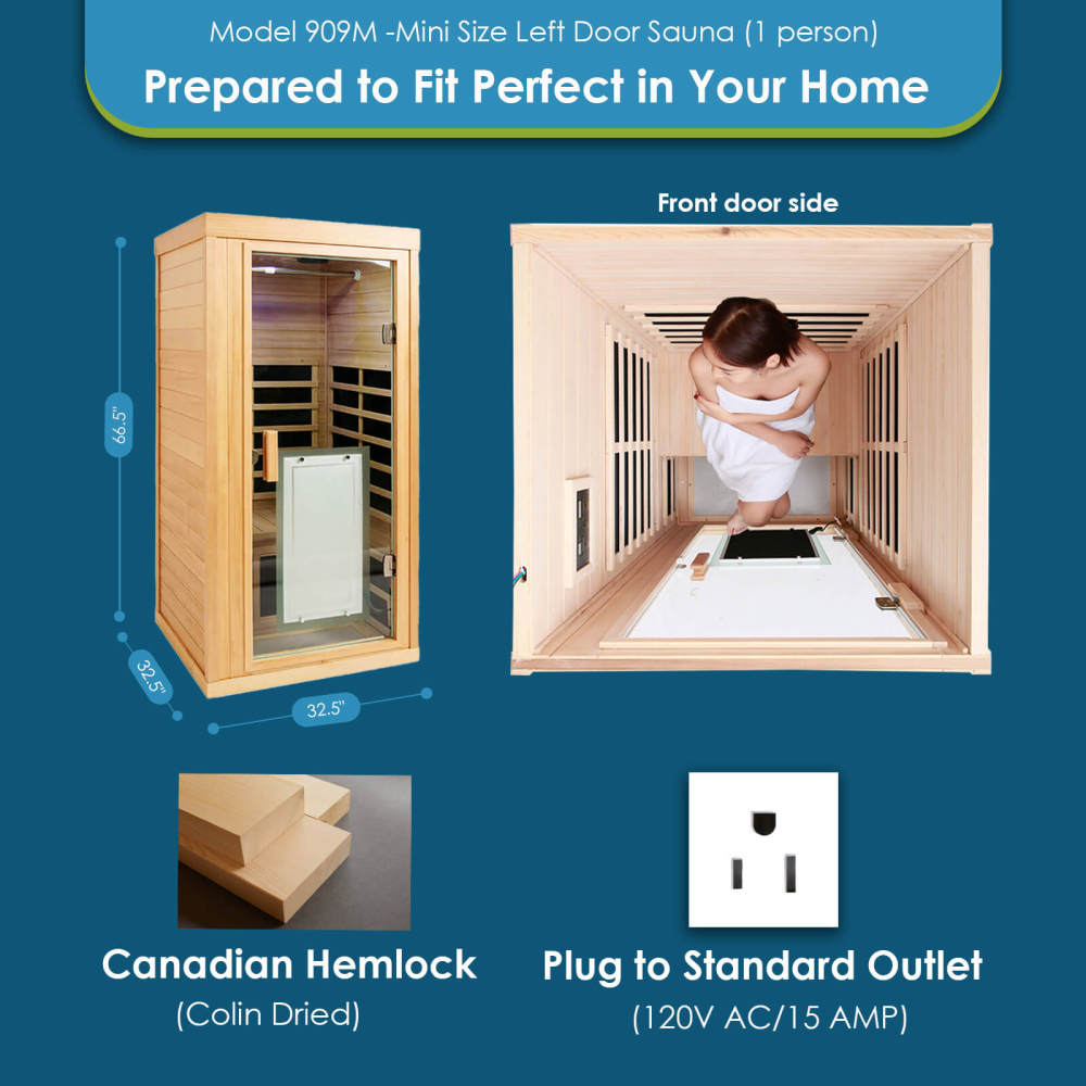 Xmatch Saunas 906Mini Far Infrared Sauna, Indoor Wooden Dry Sauna (Hemlock Wood, 1 Person Mini Size 360 Envolved)
