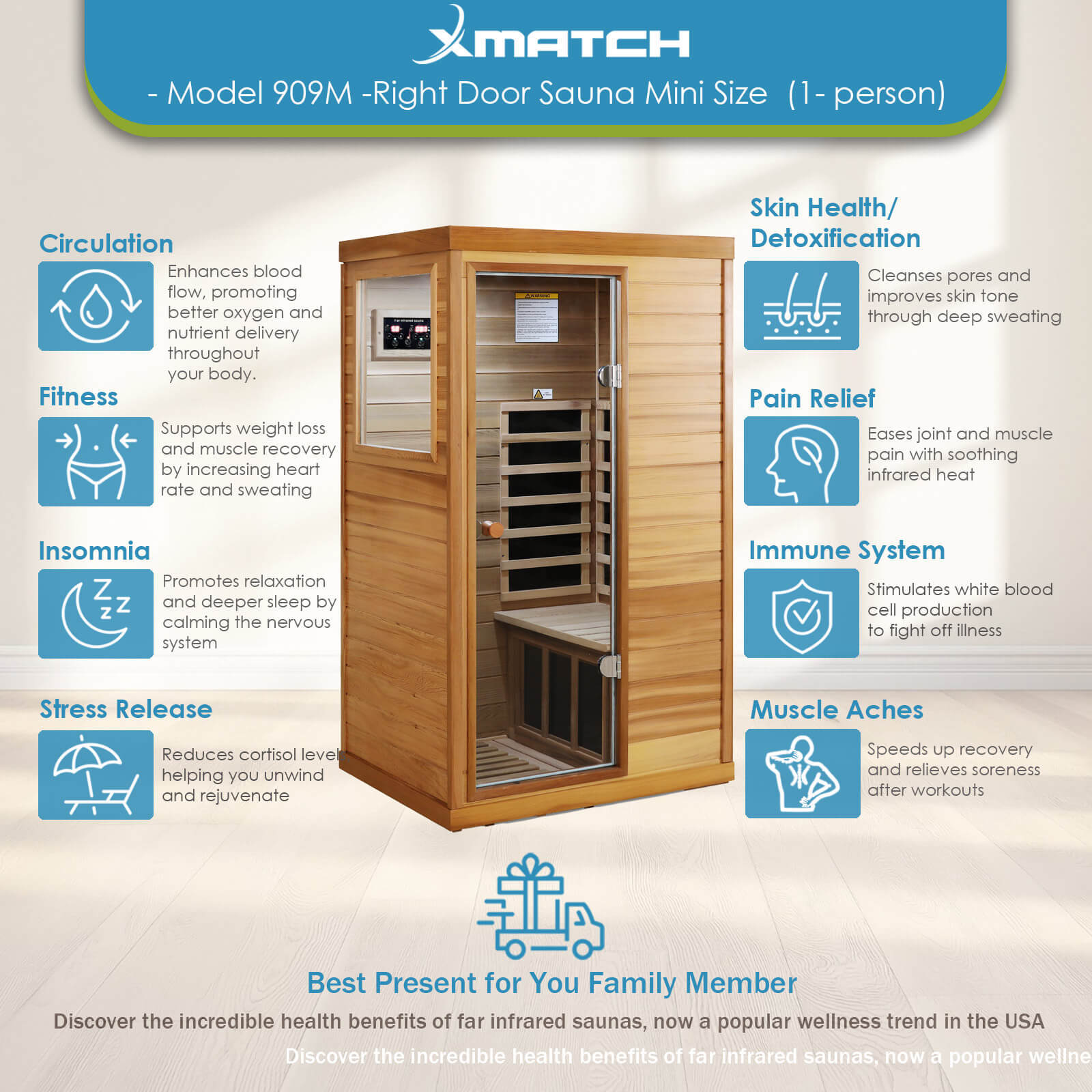 Xmatch Saunas 909Mini Far Infrared Sauna, Indoor Dry Sauna (Red Cedar, 1 Person Mini Size Right Door)