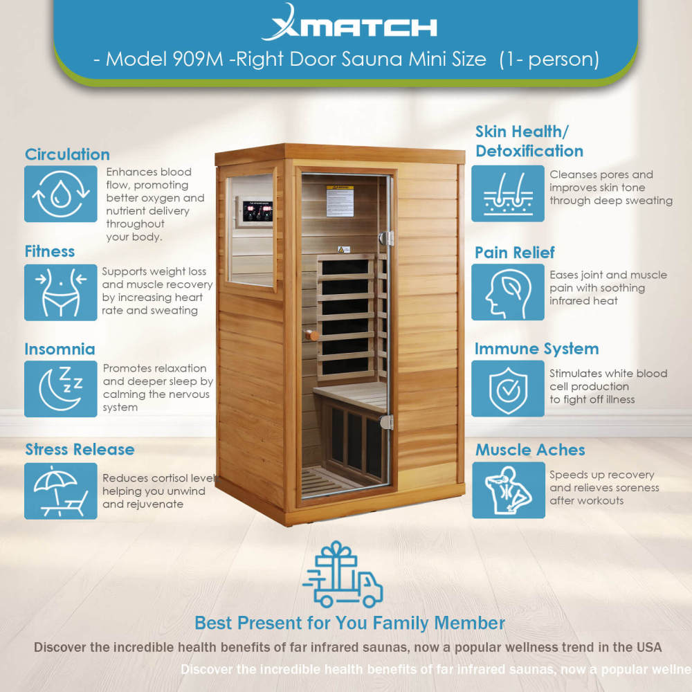Xmatch Saunas 909Mini Far Infrared Sauna, Indoor Dry Sauna (Red Cedar, 1 Person Mini Size Right Door)