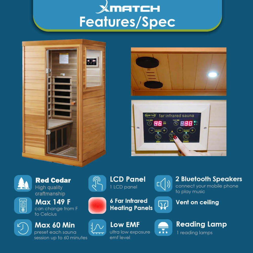 Xmatch Saunas 909Mini Far Infrared Sauna, Indoor Dry Sauna (Red Cedar, 1 Person Mini Size Right Door)