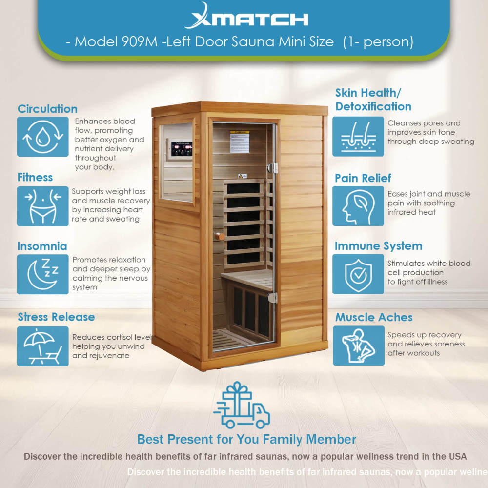 Xmatch Saunas 909Mini Far Infrared Sauna, Indoor Dry Sauna (Red Cedar, 1 Person Mini Size Left Door)