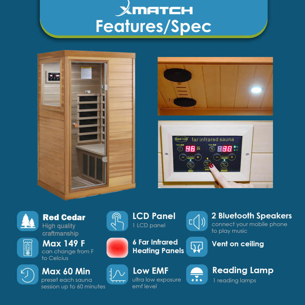 Xmatch Saunas 909Mini Far Infrared Sauna, Indoor Dry Sauna (Red Cedar, 1 Person Mini Size Left Door)
