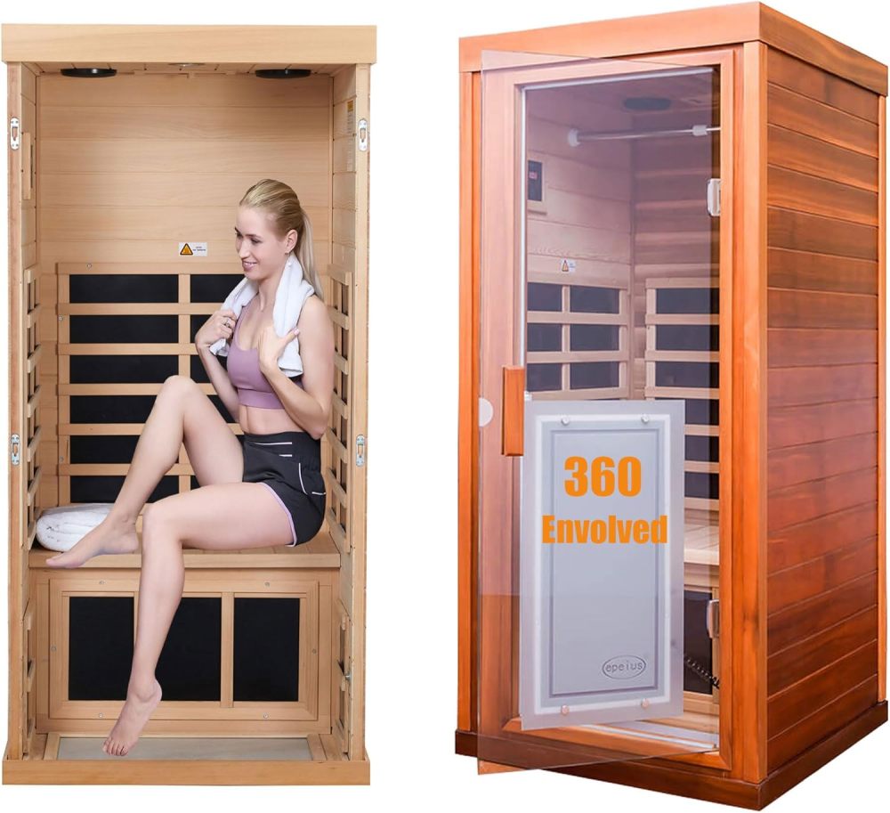 Xmatch Saunas 906Mini Far Infrared Sauna, Indoor Wooden Dry Sauna (Red Cedar, 1 Person Mini Size 360 Envolved)