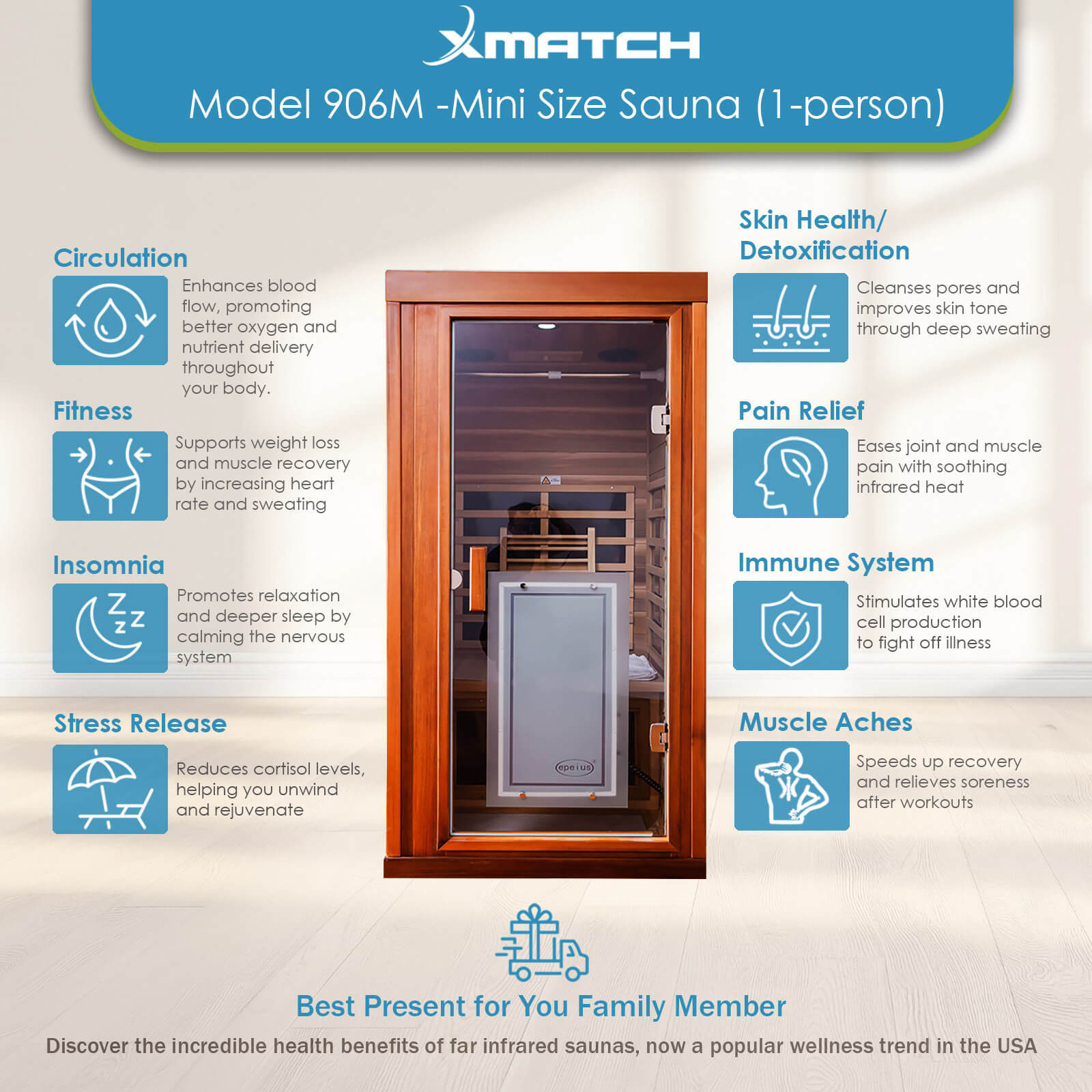 Xmatch Saunas 906Mini Far Infrared Sauna, Indoor Wooden Dry Sauna (Red Cedar, 1 Person Mini Size 360 Envolved)