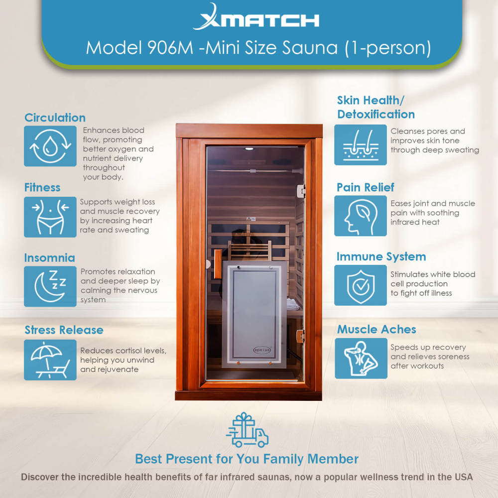 Xmatch Saunas 906Mini Far Infrared Sauna, Indoor Wooden Dry Sauna (Red Cedar, 1 Person Mini Size 360 Envolved)
