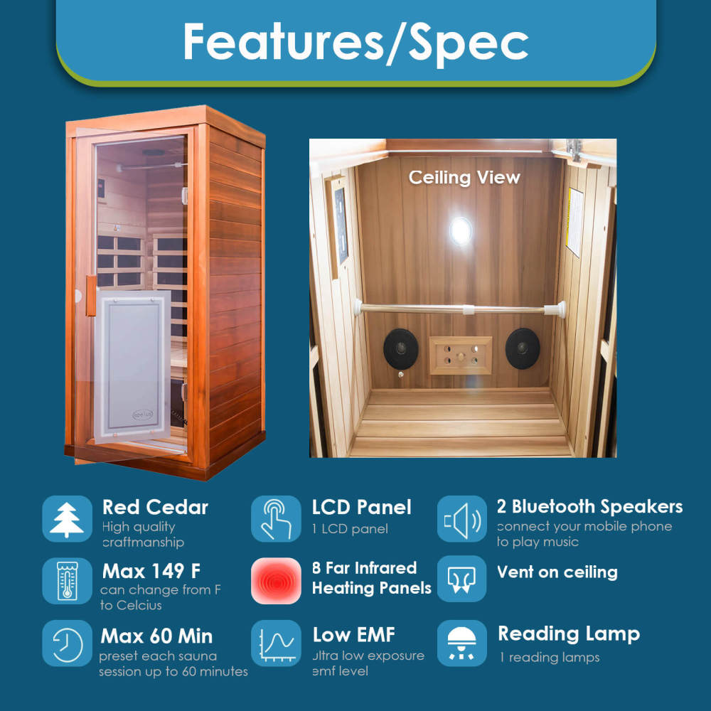 Xmatch Saunas 906Mini Far Infrared Sauna, Indoor Wooden Dry Sauna (Red Cedar, 1 Person Mini Size 360 Envolved)