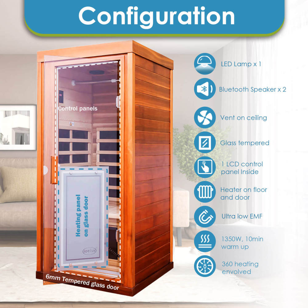 Xmatch Saunas 906Mini Far Infrared Sauna, Indoor Wooden Dry Sauna (Red Cedar, 1 Person Mini Size 360 Envolved)