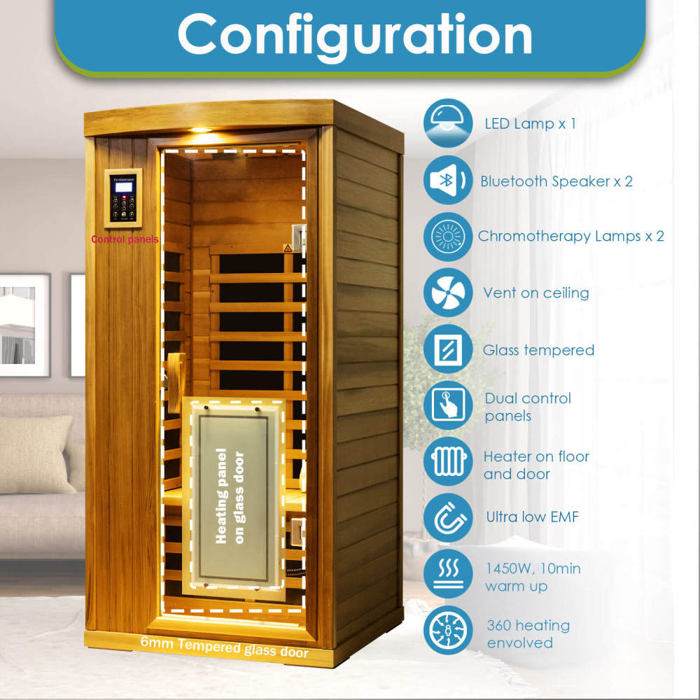 Xmatch Saunas 901B Far Infrared Sauna, Indoor Wooden Dry Sauna Low EMF (Red Cedar, 1-Person Plus Size 360 Envolved)