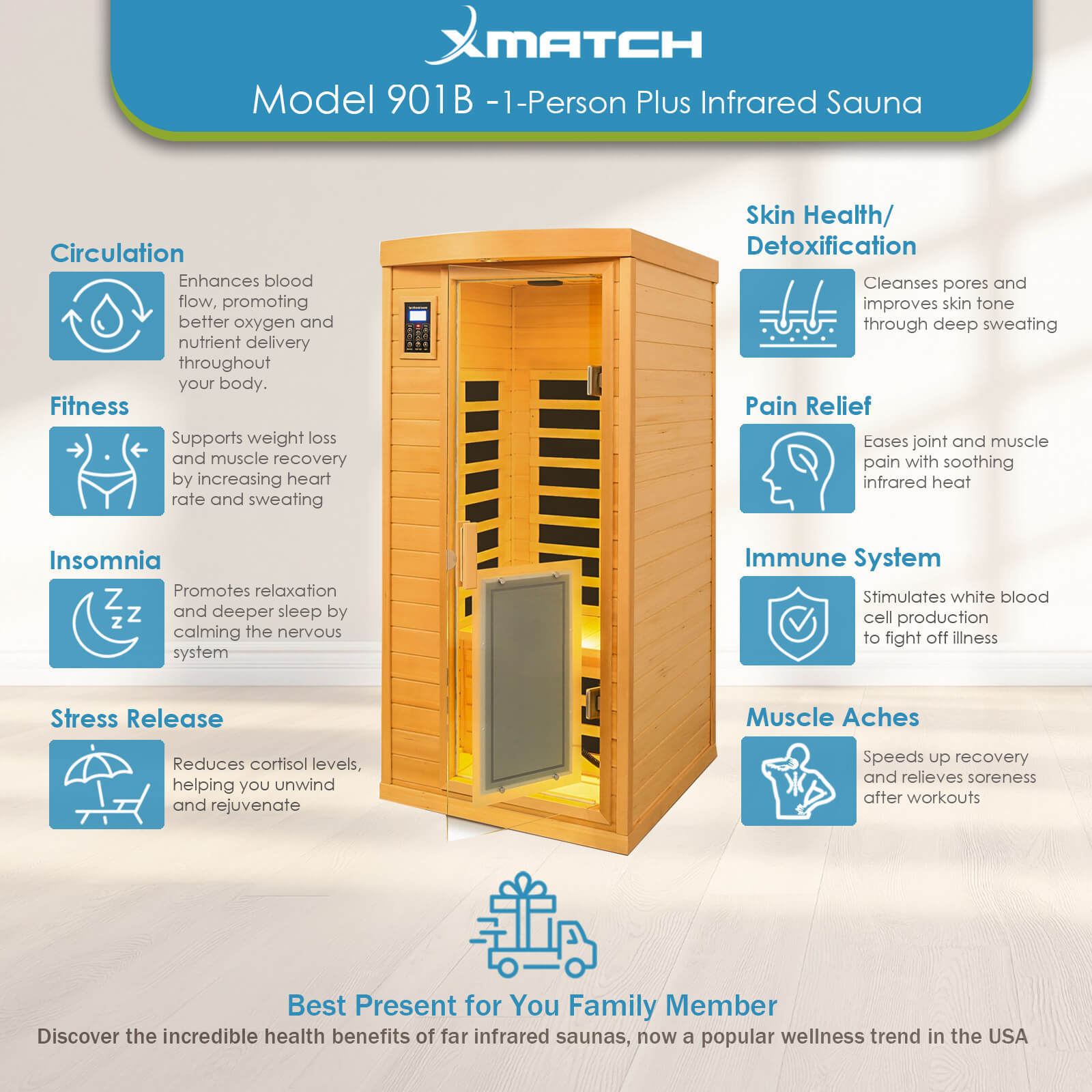 Xmatch Saunas 901B Far Infrared Sauna, Indoor Wooden Dry Sauna Low EMF (Hemlock Wood, 1-Person Size 360 Envolved)