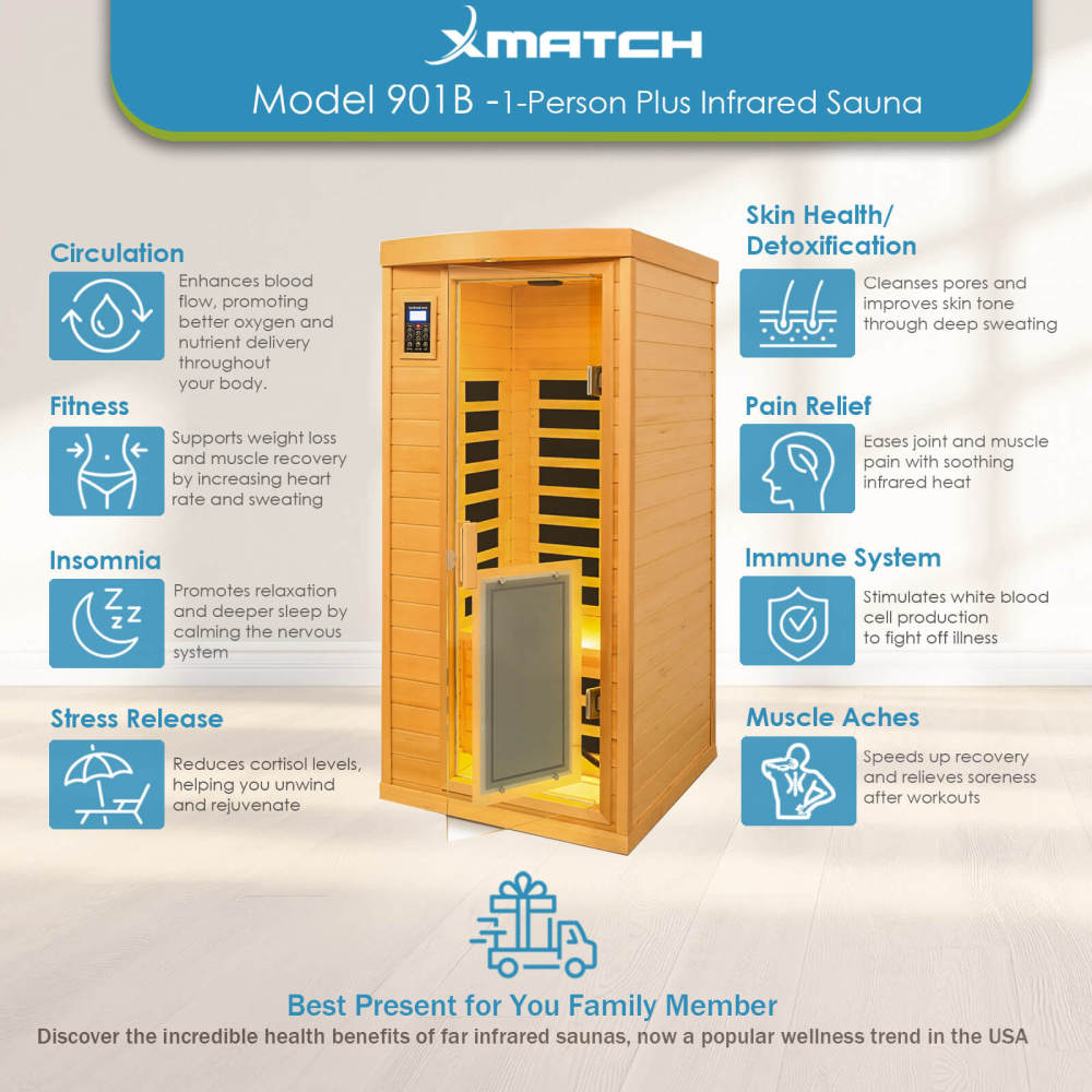 Xmatch Saunas 901B Far Infrared Sauna, Indoor Wooden Dry Sauna Low EMF (Hemlock Wood, 1-Person Size 360 Envolved)