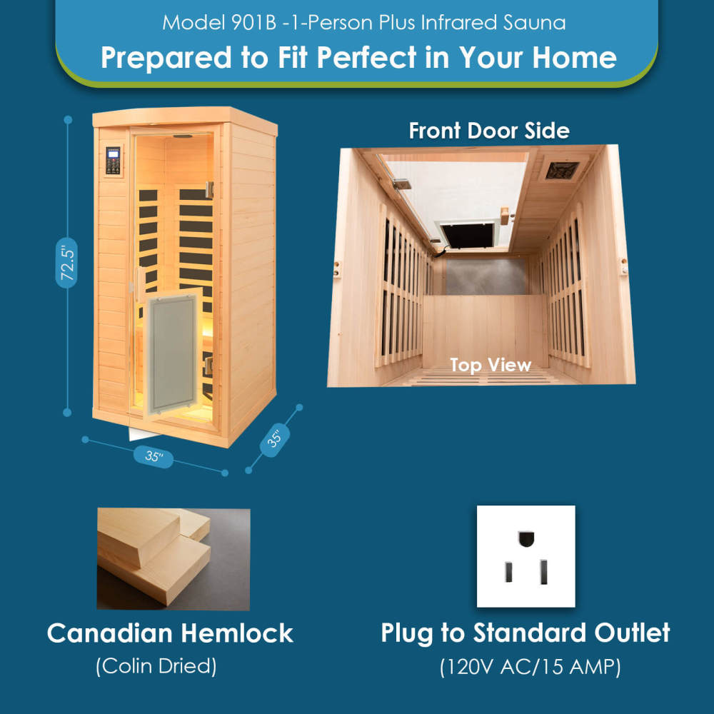 Xmatch Saunas 901B Far Infrared Sauna, Indoor Wooden Dry Sauna Low EMF (Hemlock Wood, 1-Person Size 360 Envolved)