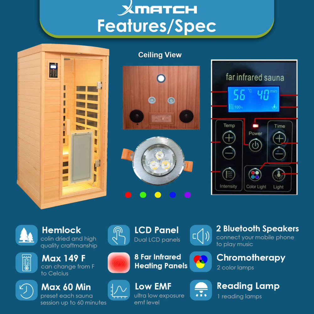 Xmatch Saunas 901B Far Infrared Sauna, Indoor Wooden Dry Sauna Low EMF (Hemlock Wood, 1-Person Size 360 Envolved)