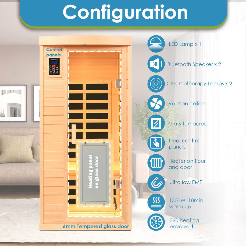 Xmatch Saunas 901B Far Infrared Sauna, Indoor Wooden Dry Sauna Low EMF (Hemlock Wood, 1-Person Size 360 Envolved)