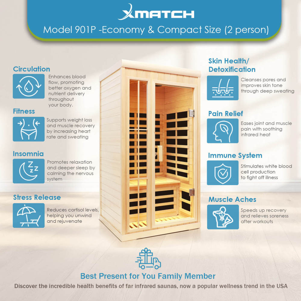Xmatch Saunas 901P Far Infrared Sauna, Indoor Wooden Dry Sauna Low EMF (Hemlock Wood, 2-Person Compact Size)