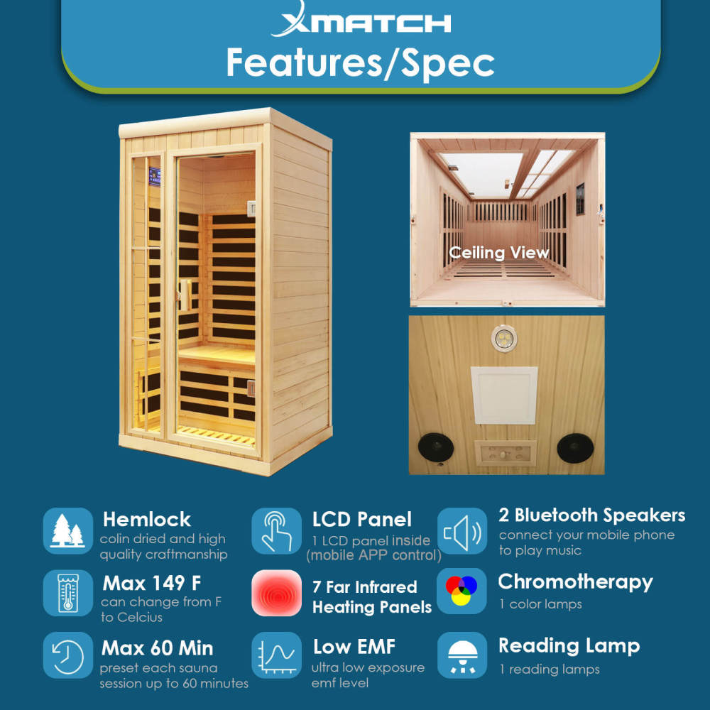 Xmatch Saunas 901P Far Infrared Sauna, Indoor Wooden Dry Sauna Low EMF (Hemlock Wood, 2-Person Compact Size)
