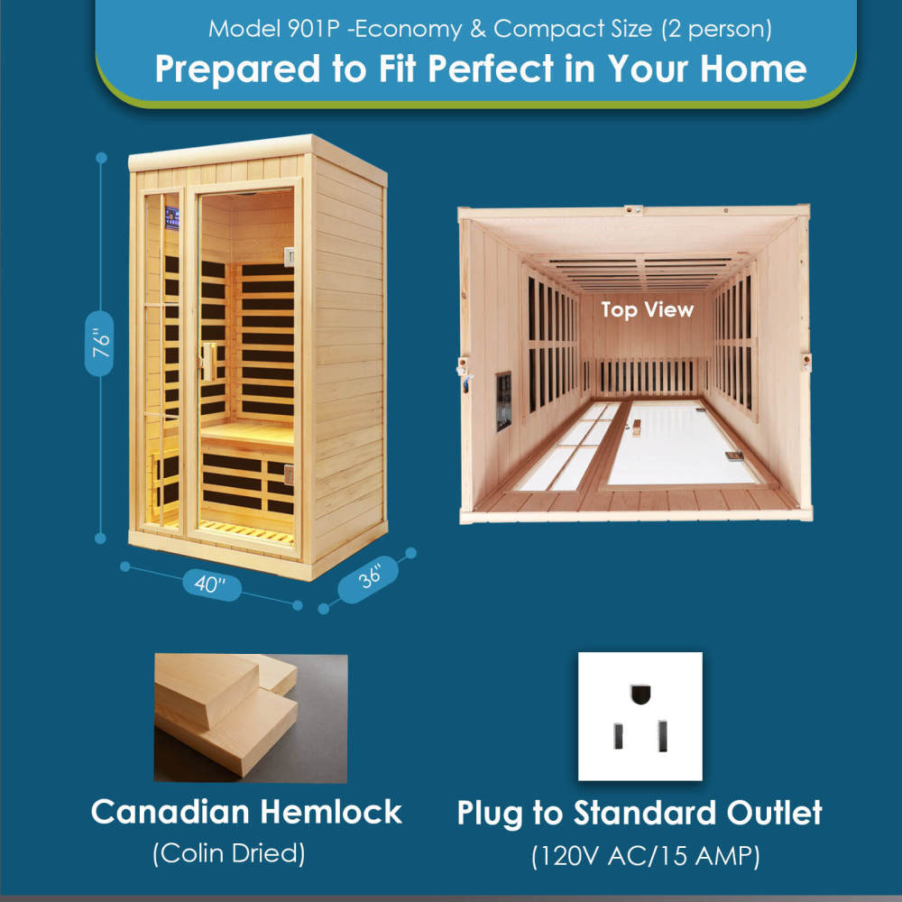 Xmatch Saunas 901P Far Infrared Sauna, Indoor Wooden Dry Sauna Low EMF (Hemlock Wood, 2-Person Compact Size)