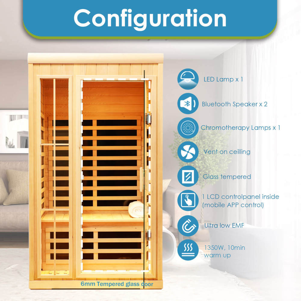 Xmatch Saunas 901P Far Infrared Sauna, Indoor Wooden Dry Sauna Low EMF (Hemlock Wood, 2-Person Compact Size)