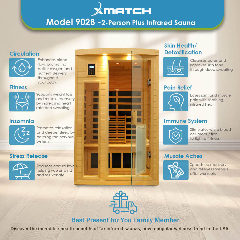 Xmatch Saunas 902B Far Infrared Sauna, Indoor Wooden Dry Sauna Low EMF (Hemlock Wood, 2-Person Plus Size 360 Envolved)