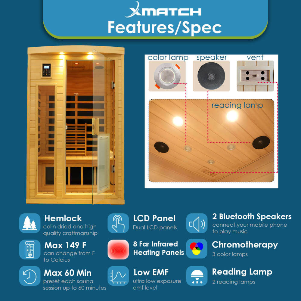 Xmatch Saunas 902B Far Infrared Sauna, Indoor Wooden Dry Sauna Low EMF (Hemlock Wood, 2-Person Plus Size 360 Envolved)