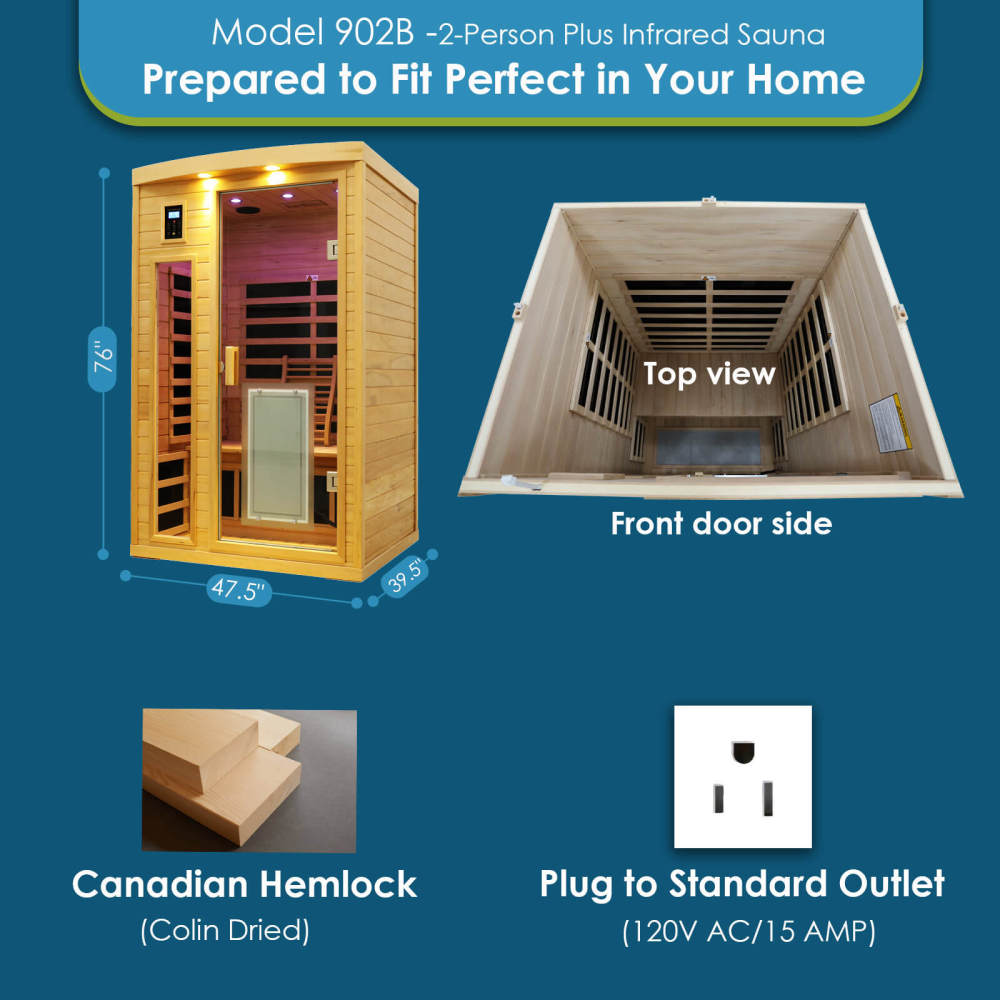 Xmatch Saunas 902B Far Infrared Sauna, Indoor Wooden Dry Sauna Low EMF (Hemlock Wood, 2-Person Plus Size 360 Envolved)