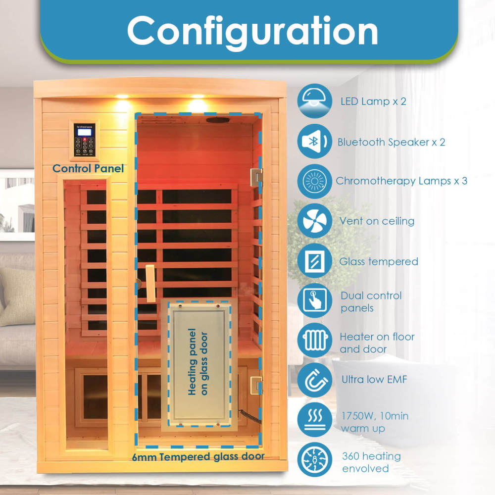 Xmatch Saunas 902B Far Infrared Sauna, Indoor Wooden Dry Sauna Low EMF (Hemlock Wood, 2-Person Plus Size 360 Envolved)