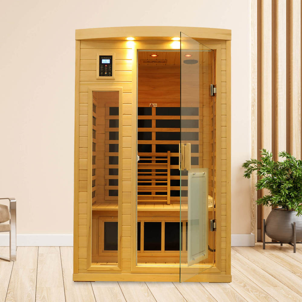 Xmatch Saunas 902B Far Infrared Sauna, Indoor Wooden Dry Sauna Low EMF (Hemlock Wood, 2-Person Plus Size 360 Envolved)