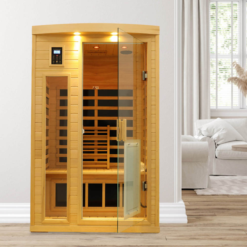 Xmatch Saunas 902B Far Infrared Sauna, Indoor Wooden Dry Sauna Low EMF (Hemlock Wood, 2-Person Plus Size 360 Envolved)