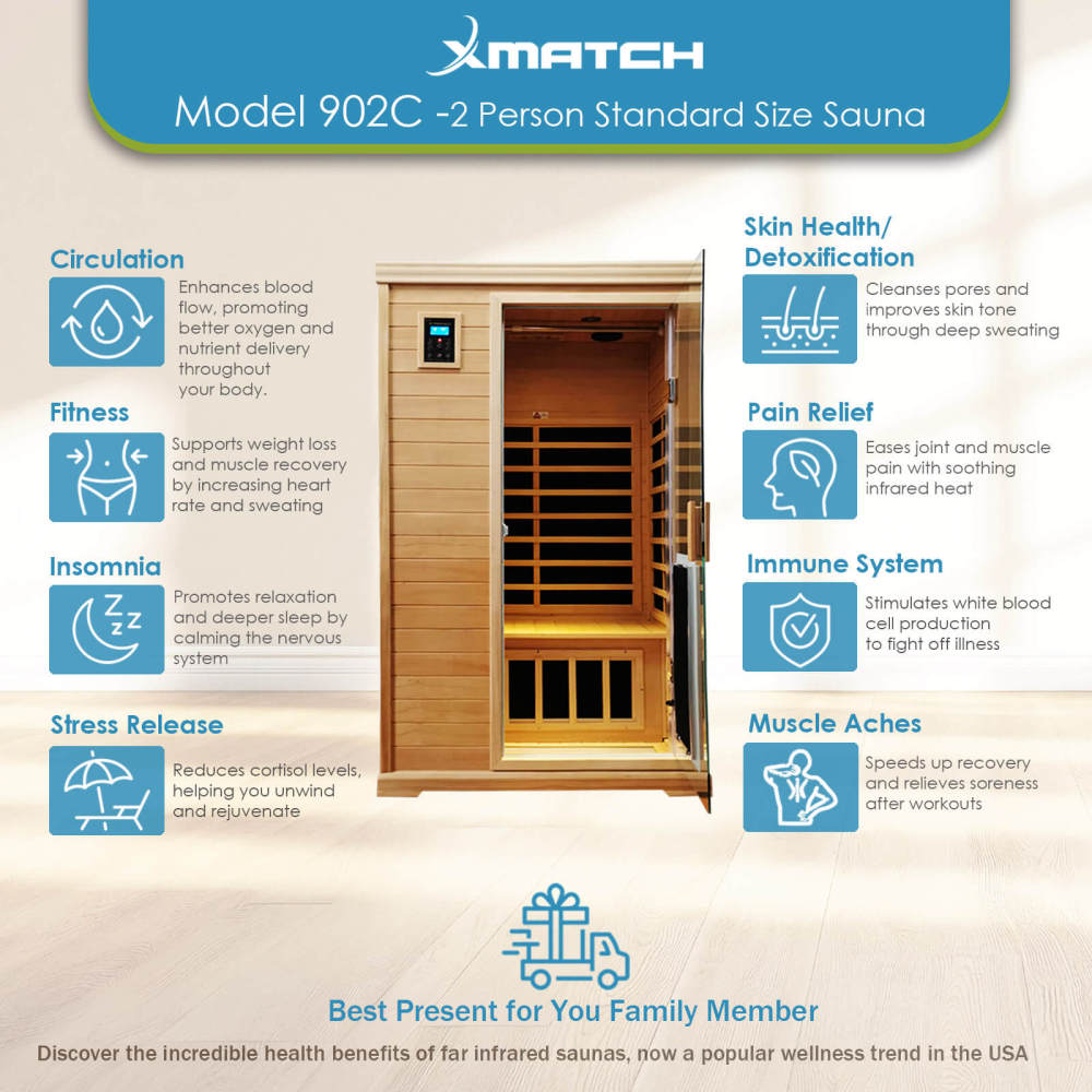 Xmatch Saunas 902C Far Infrared Sauna, Indoor Wooden Dry Sauna Low EMF (Hemlock Wood, 2-Person Standard Size 360 Envolved)