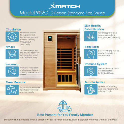 Xmatch Saunas 902C Far Infrared Sauna, Indoor Wooden Dry Sauna Low EMF (Hemlock Wood, 2-Person Standard Size 360 Envolved)
